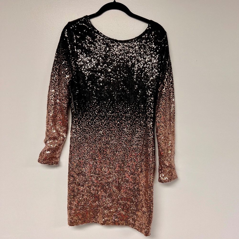 Charlotte Russe Black and Gold Sequin Dress with V Neck Back